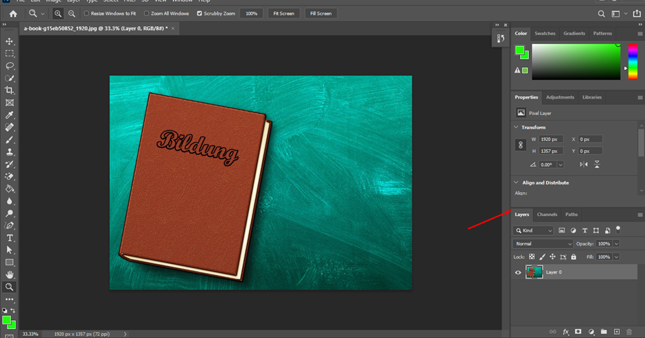 Open your image in Photoshop and make sure the Layers panel is visible