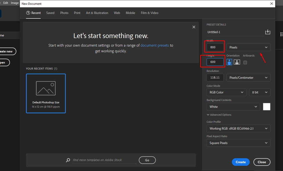 document size of 800 pixels by 600 pixels