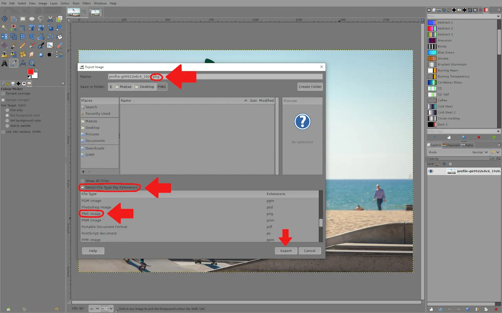 export PNG image GIMP
