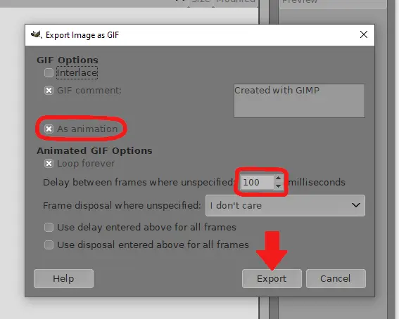 Export GIF as animation in GIMP