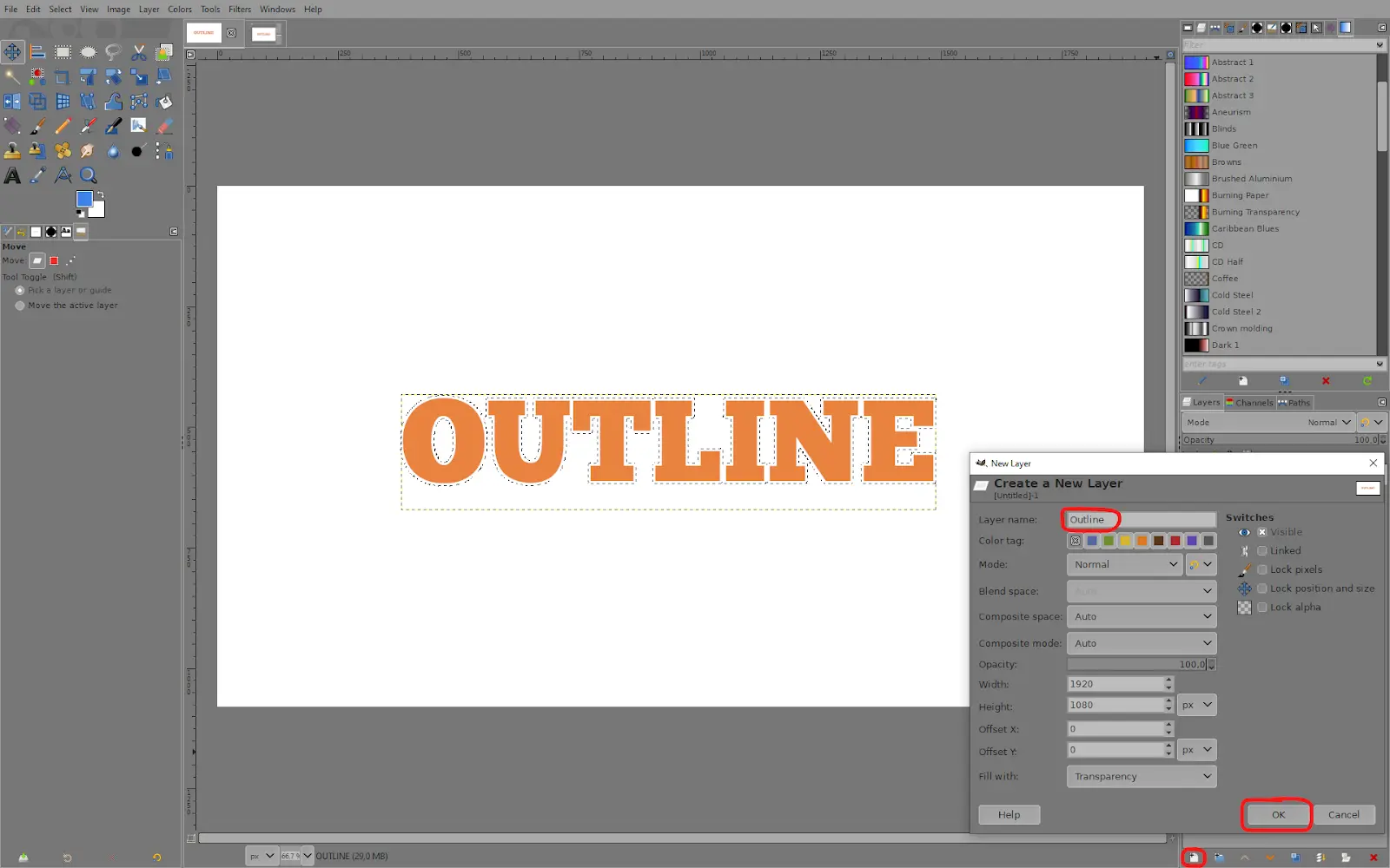 Create new outline layer GIMP