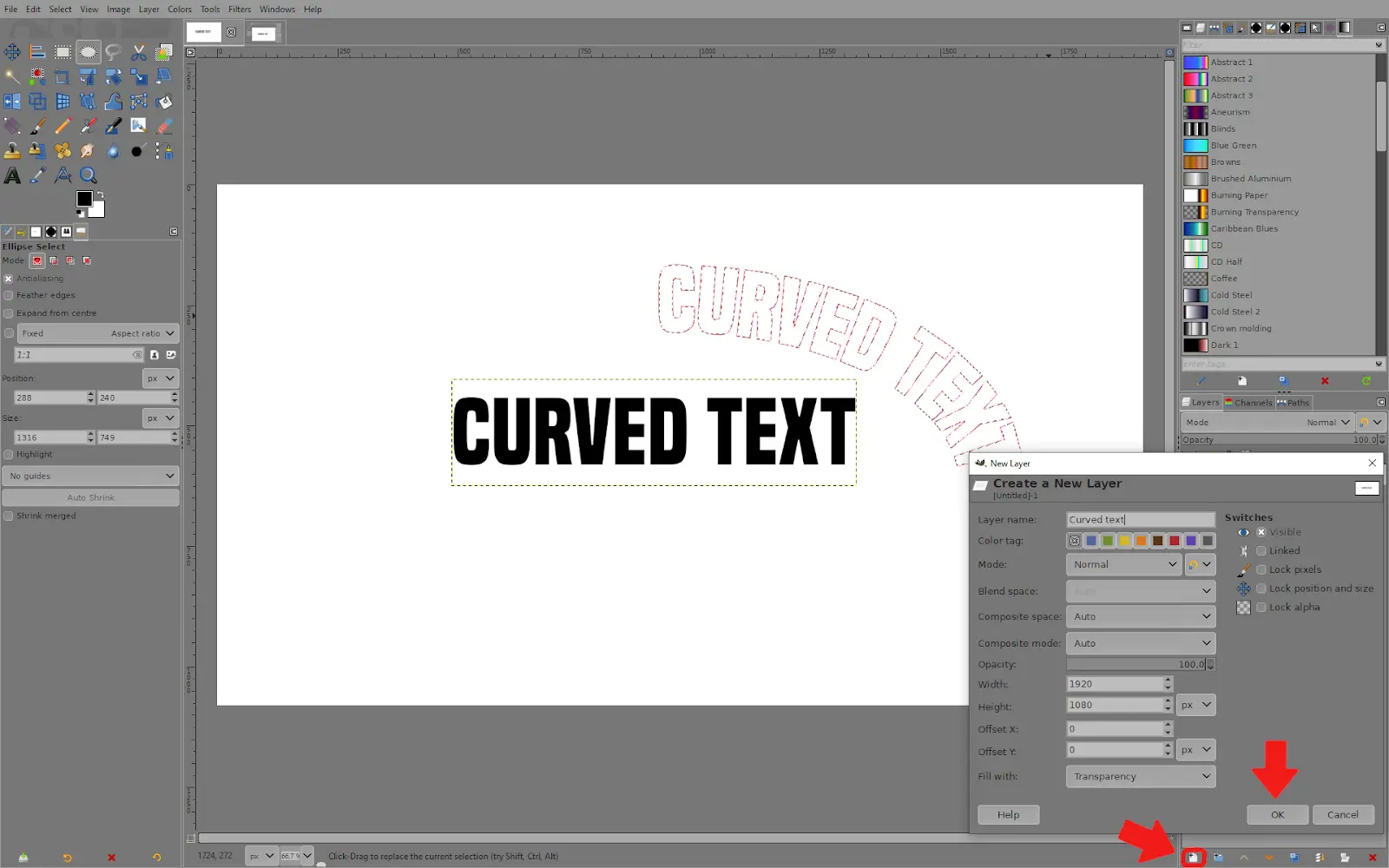 create new layer for curved text