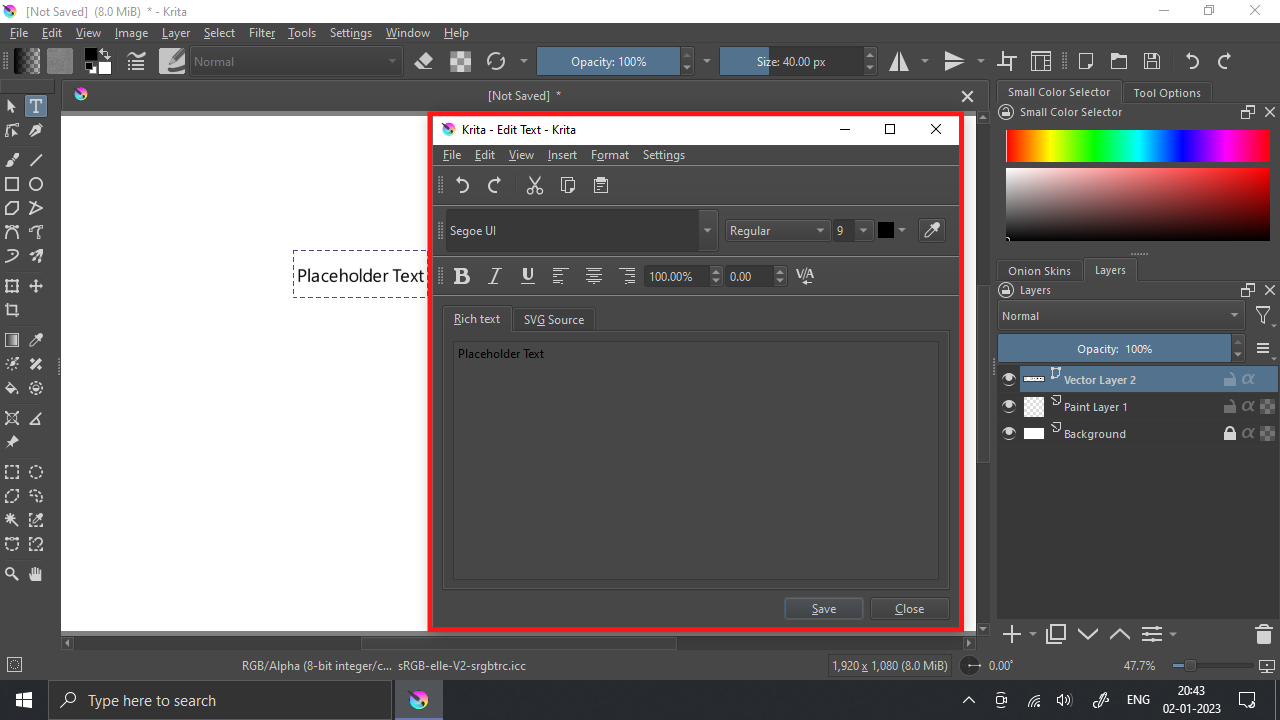 Edit Text Panel in Krita
