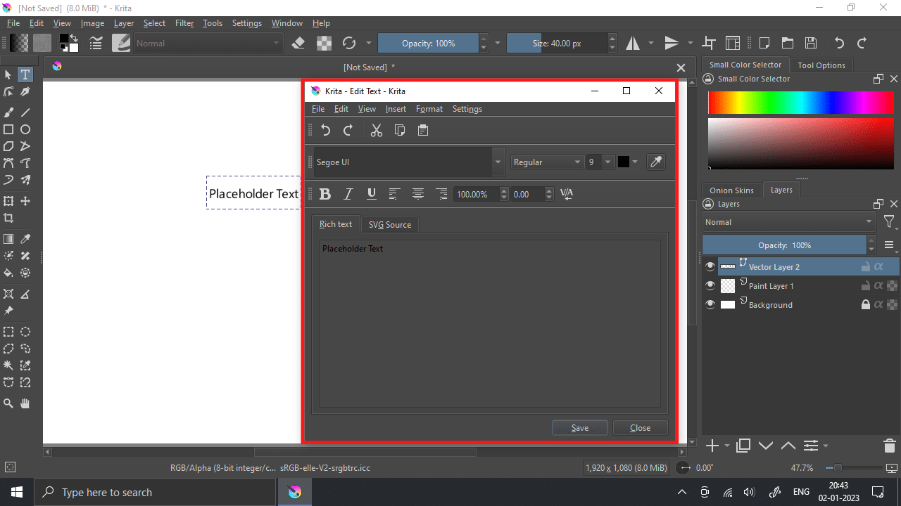 Edit Text Panel in Krita