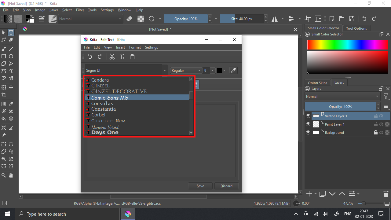 Comic Sans MS Font in Krita