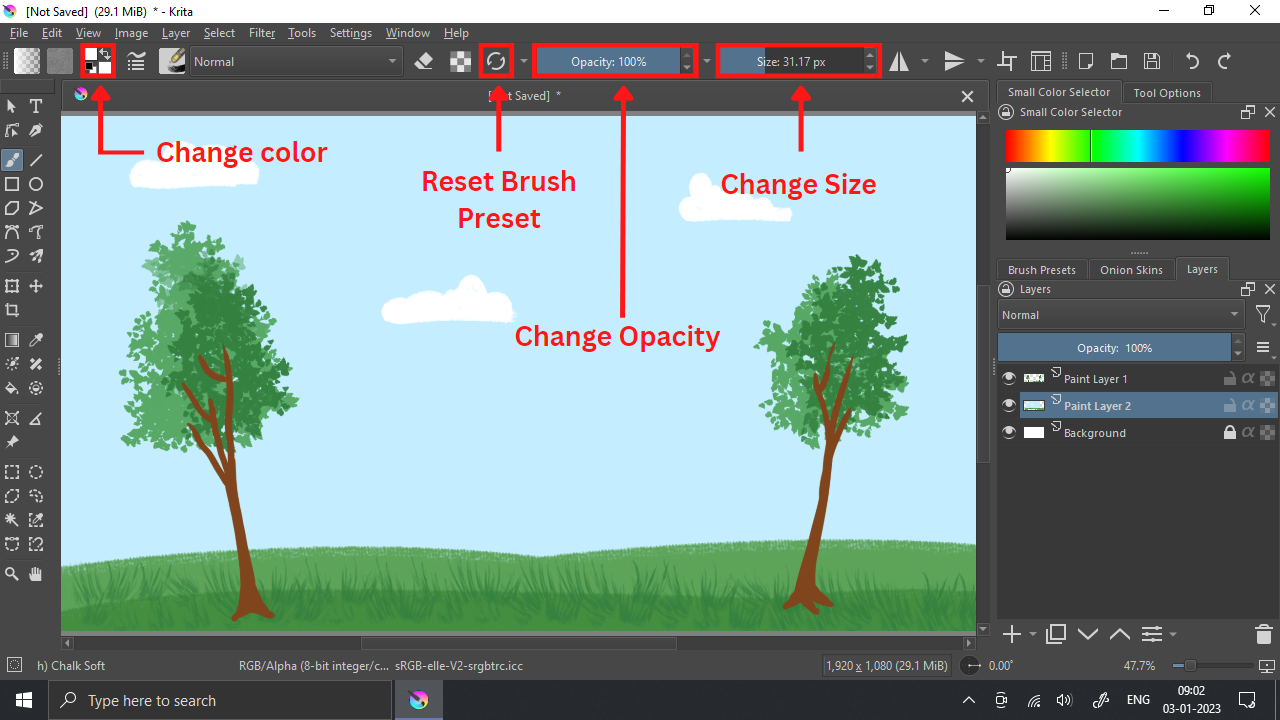 Opacity, Color, Brush Preset and Size Settings in Krita