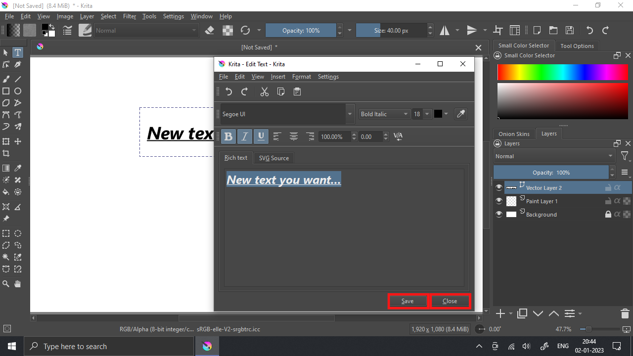 Save and Close Buttons in Krita