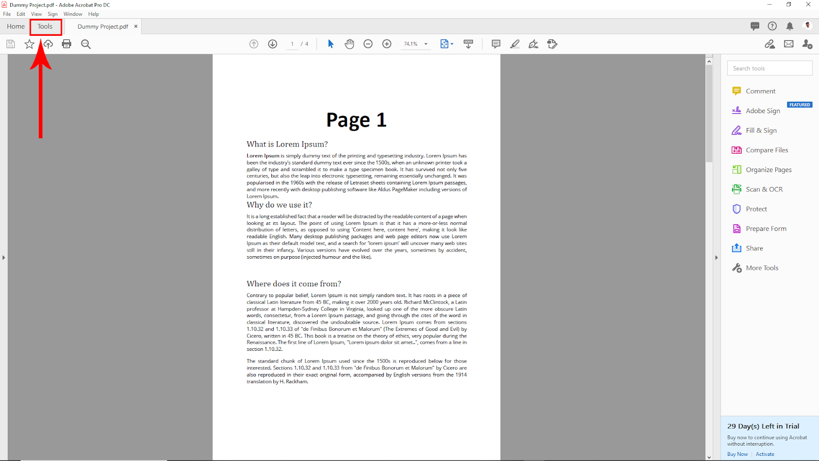 Tools Option in Acrobat 
