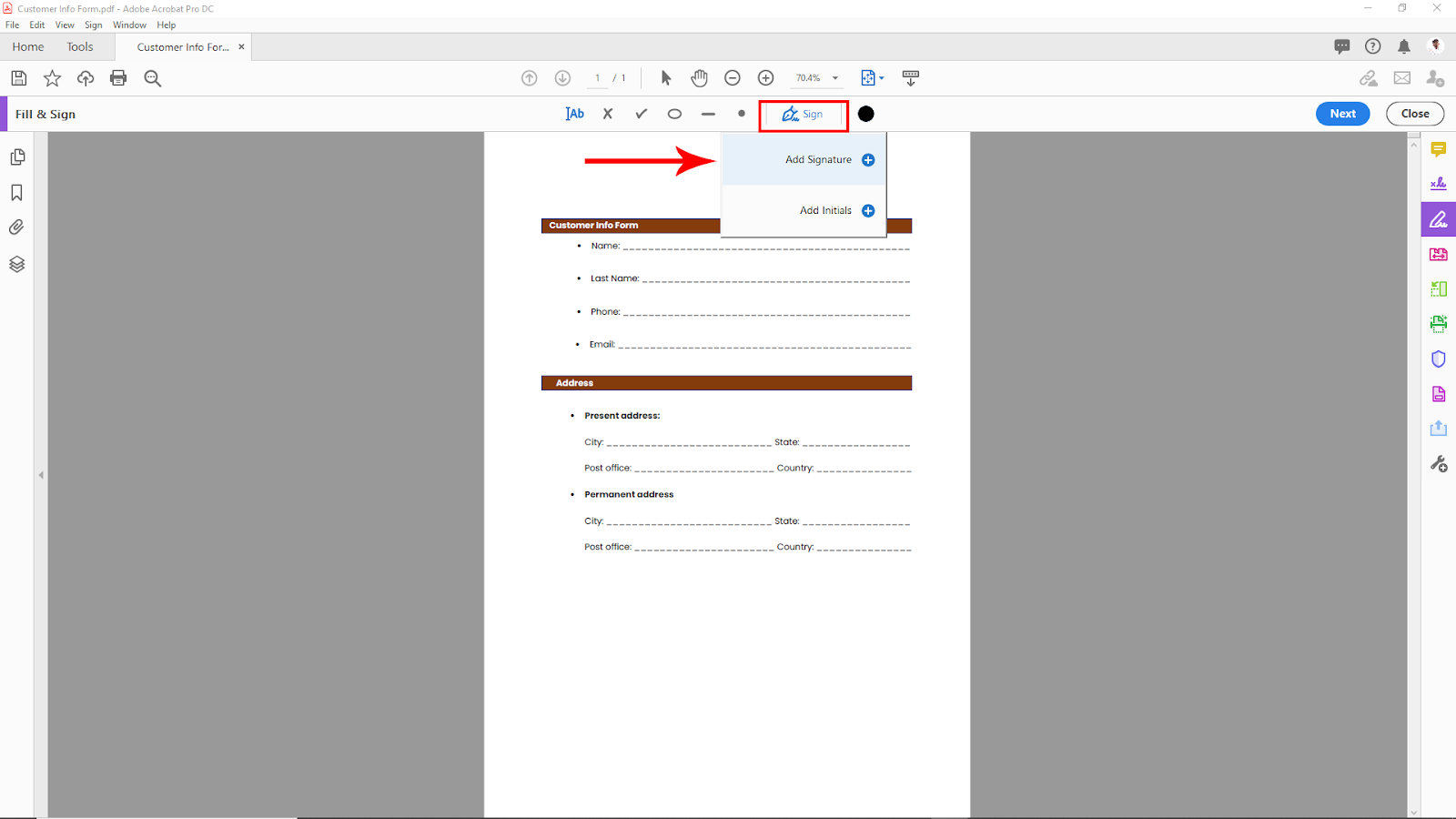 Sign and Add Signature Option