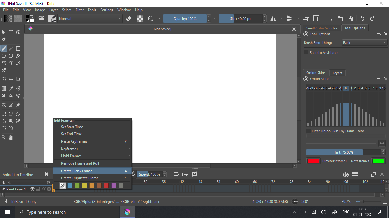 Create Blank Frame Option in Krita