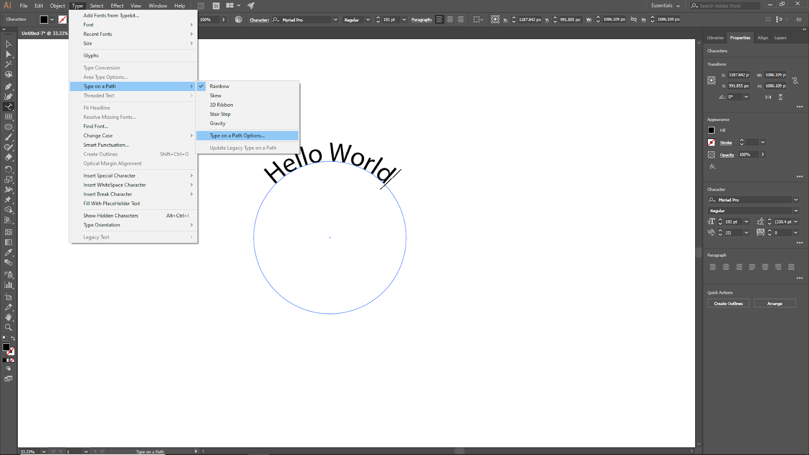 Type on a path options panel