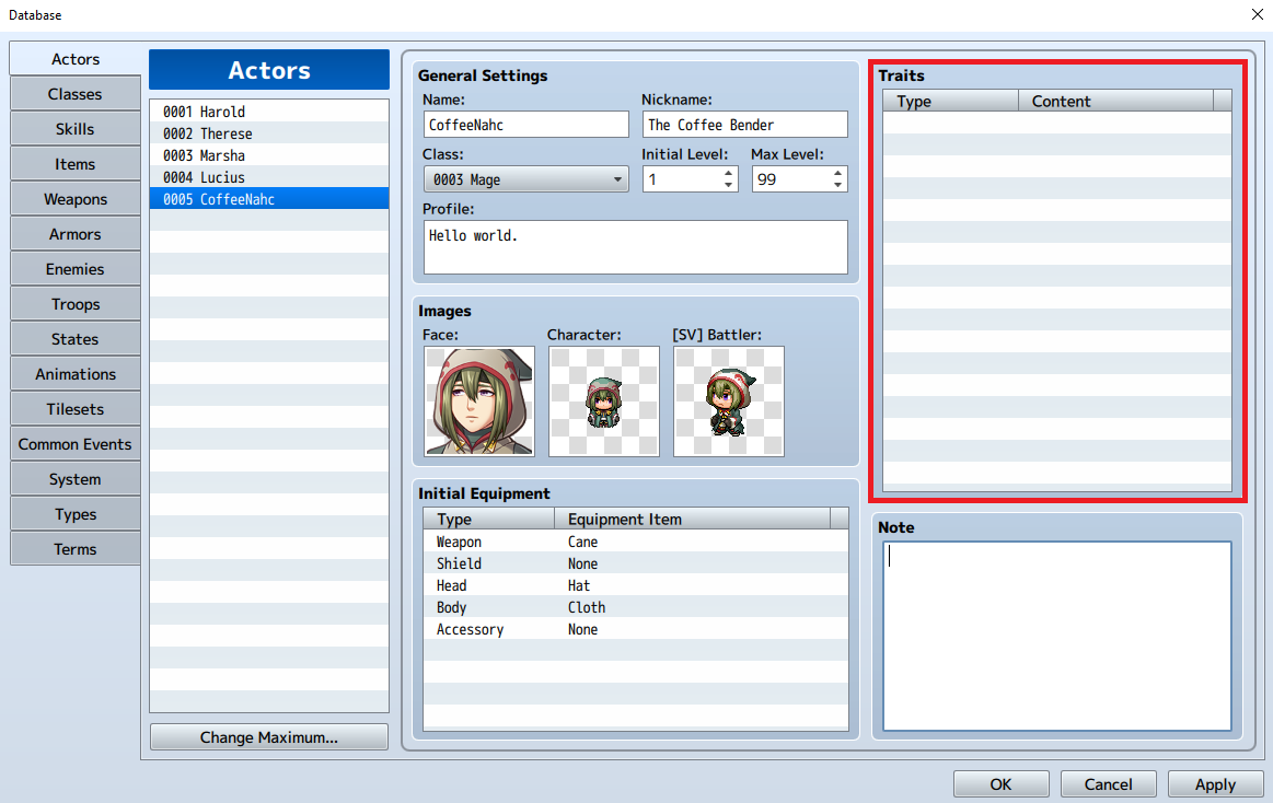 Traits Tab