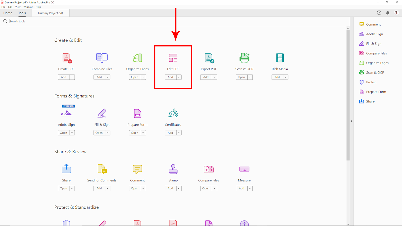 Edit PDF Option in Acrobat