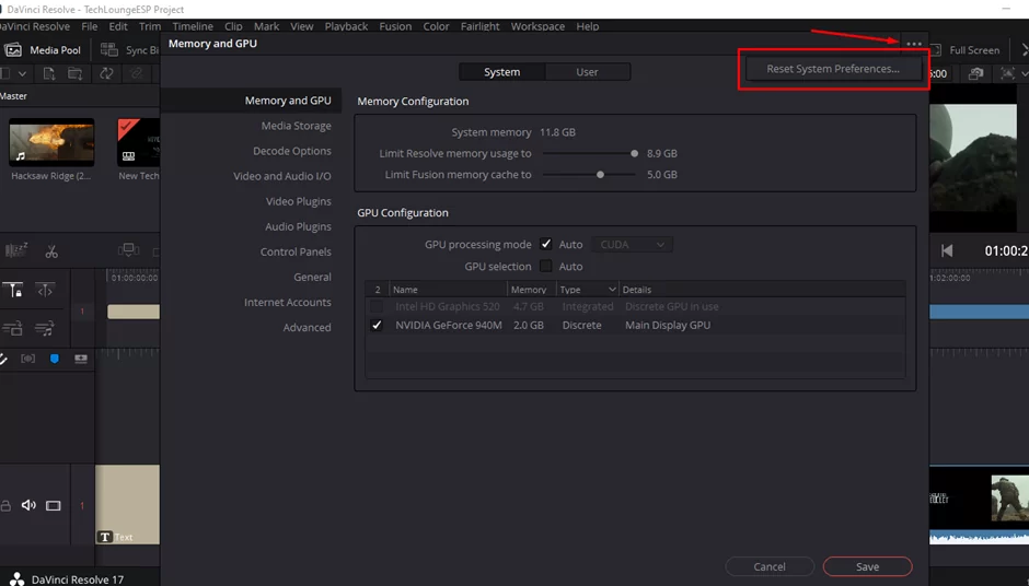 Reset System Preferences in Davinci Resolve