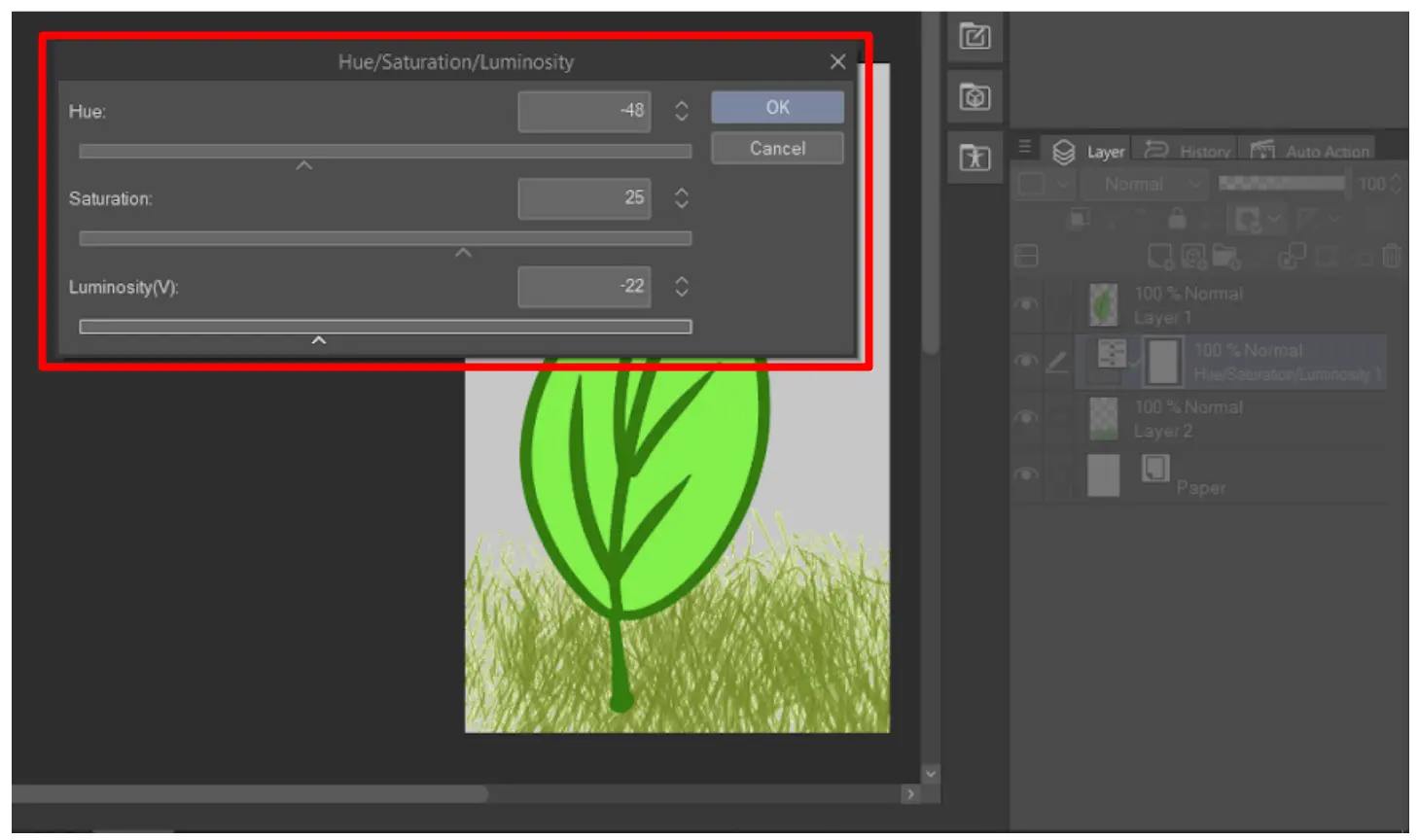 Hue/Saturation/Luminosity settings slider