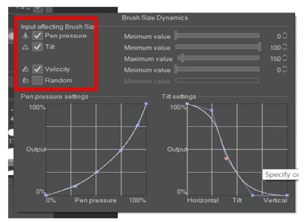 Brush size dynamics settings