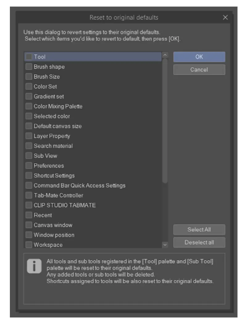 reset to original default clip studio 