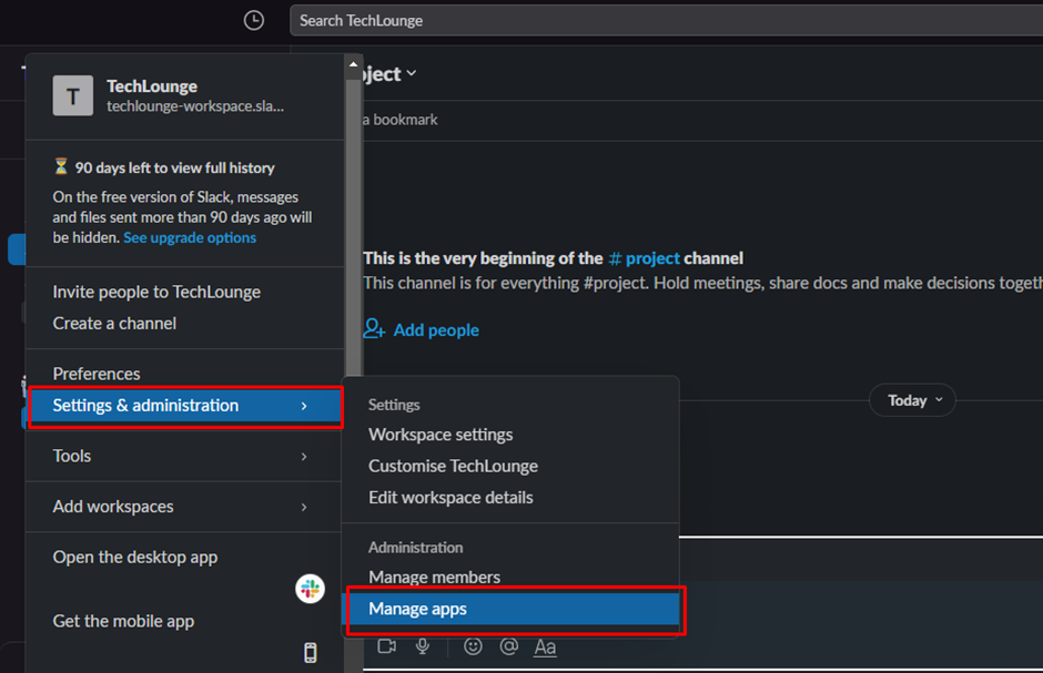 Select "Settings & administration" by clicking on the icon next to the channel name. 