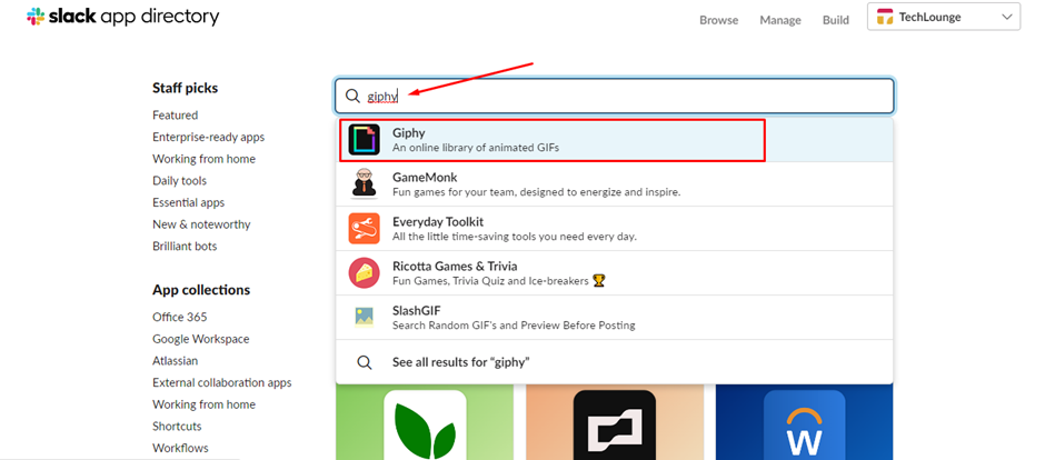 In the search box, enter "Giphy" and click on it in the results list
