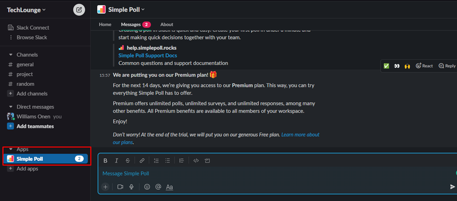 simple poll added to slack apps