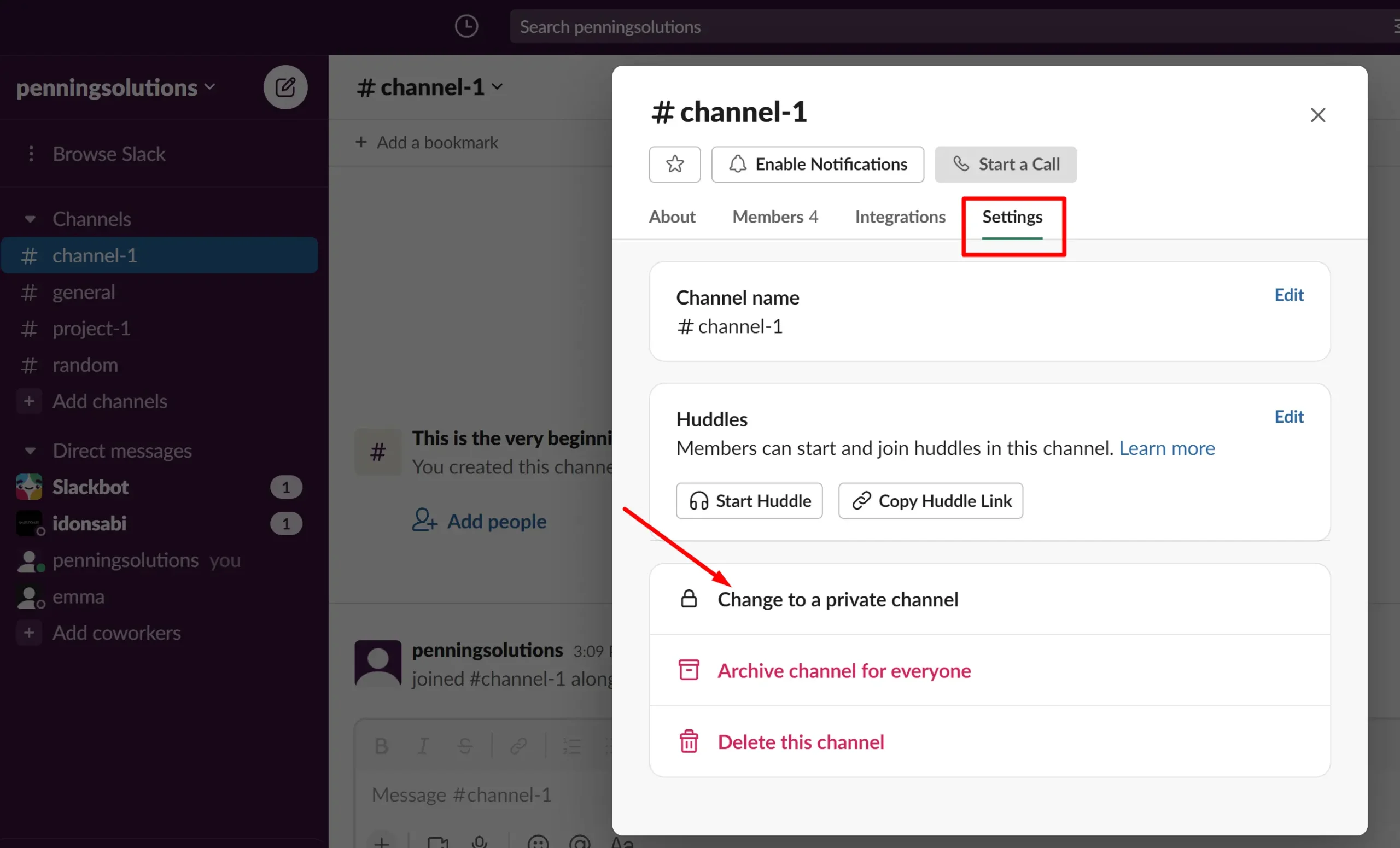select 'Settings' and then Change to Private Channel