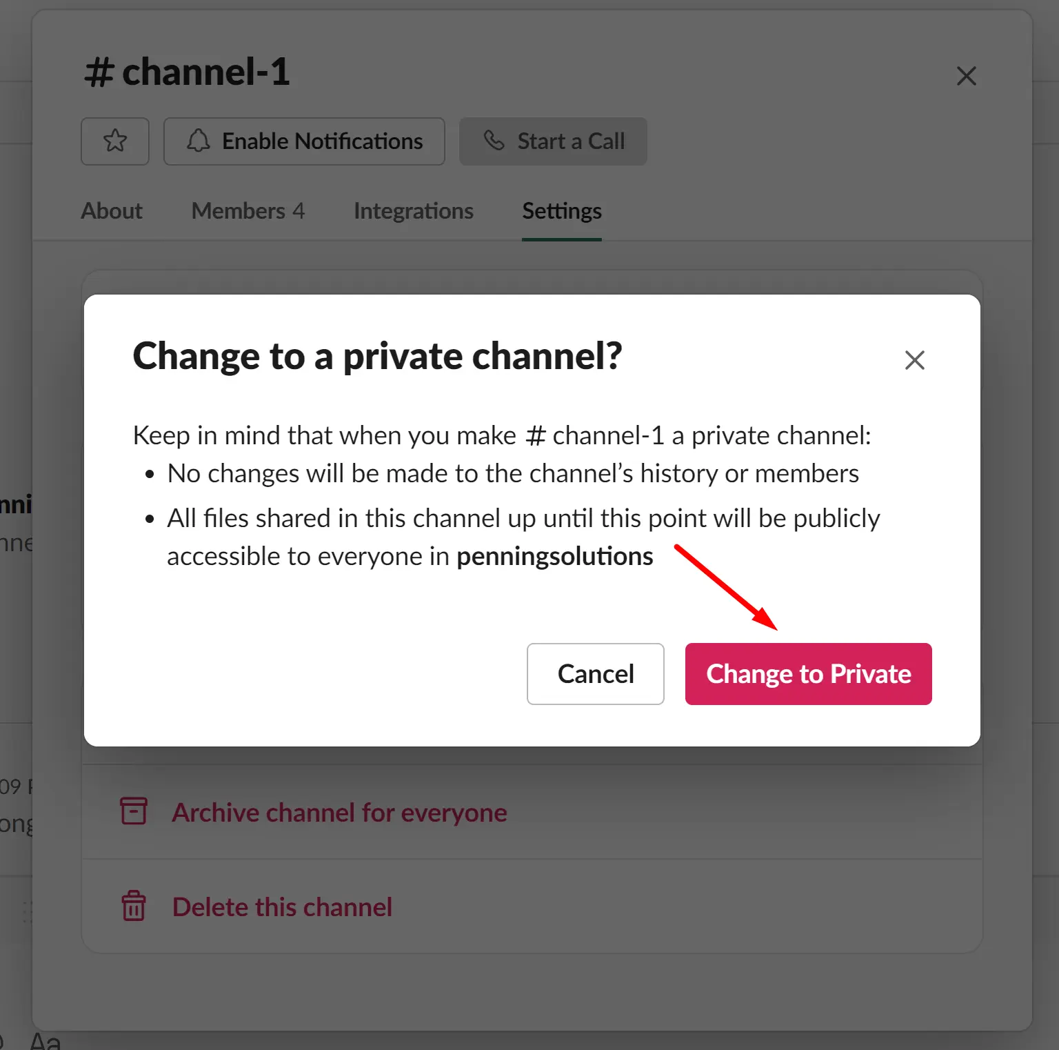 change to private button on Slack