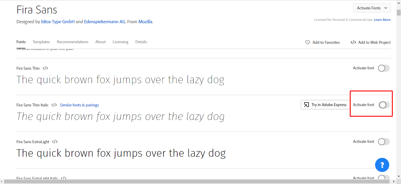 click on the Activate Fonts icon