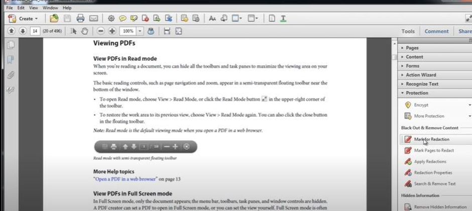 To redact text in Adobe Acrobat Reader, select the “Mark for Redaction” tool