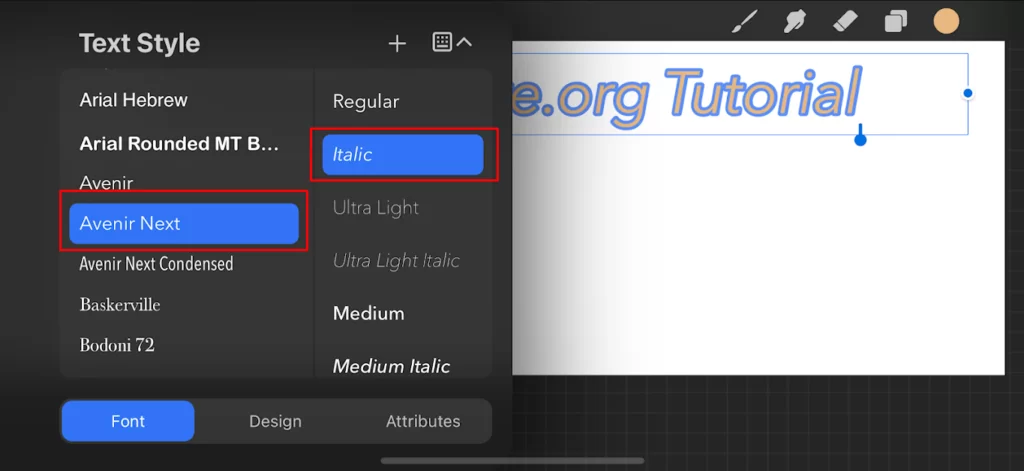 Italicize Text setting in Procreate