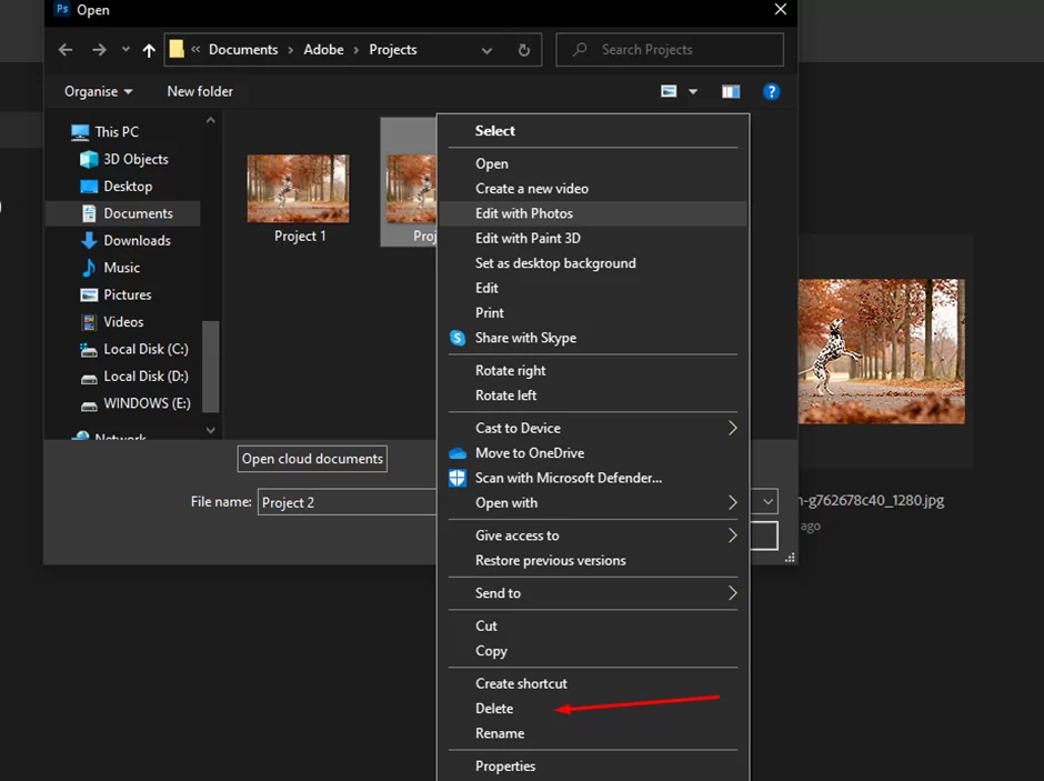 choose project for deletion
