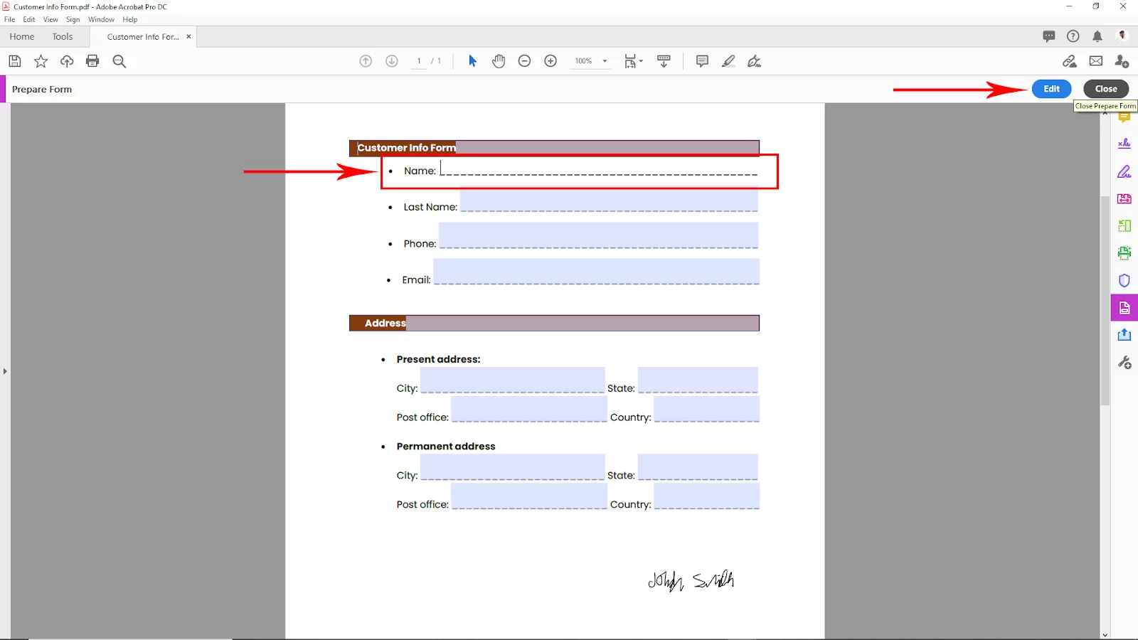 Edit Name in Form