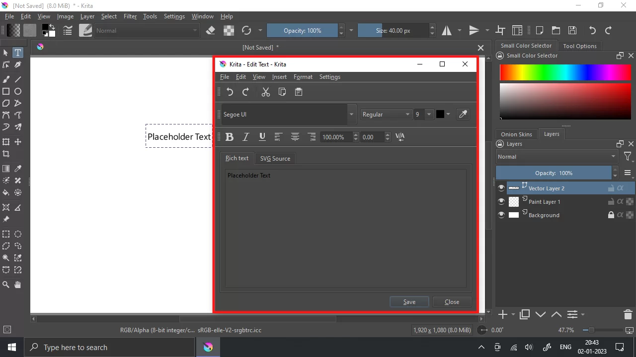 Edit Text Panel in Krita