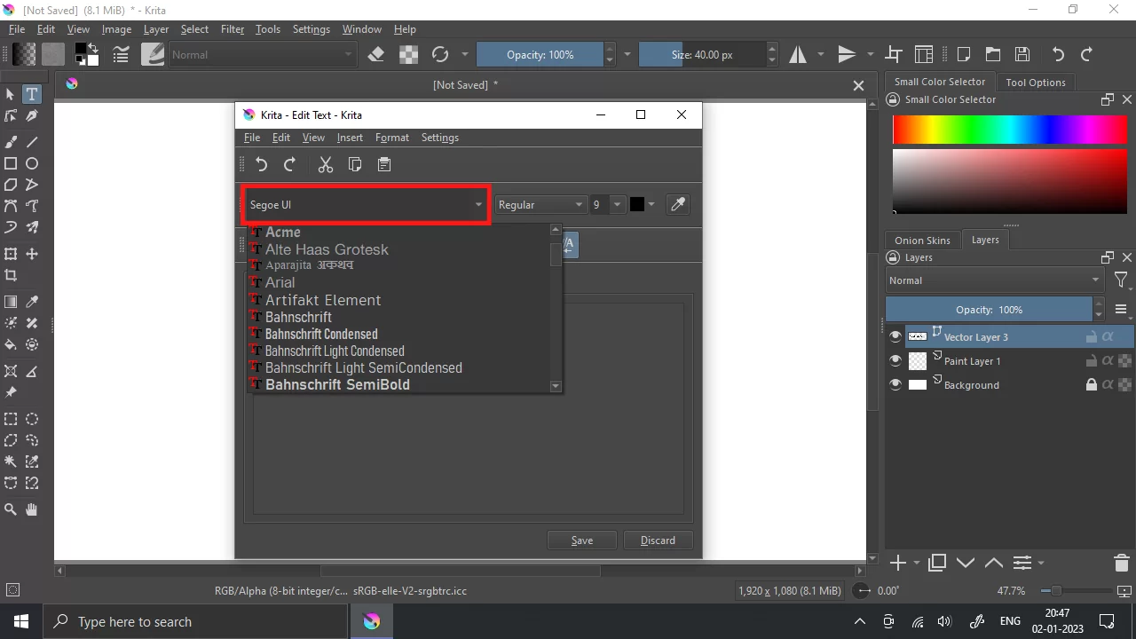 Segoe Ut Option in Krita