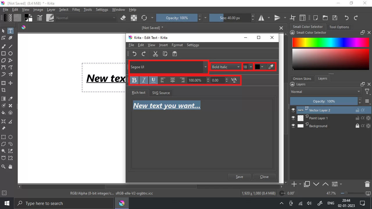 Edit Text Tools in Krita