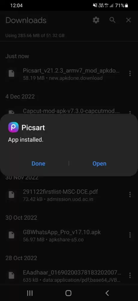 Installed PicsArt App