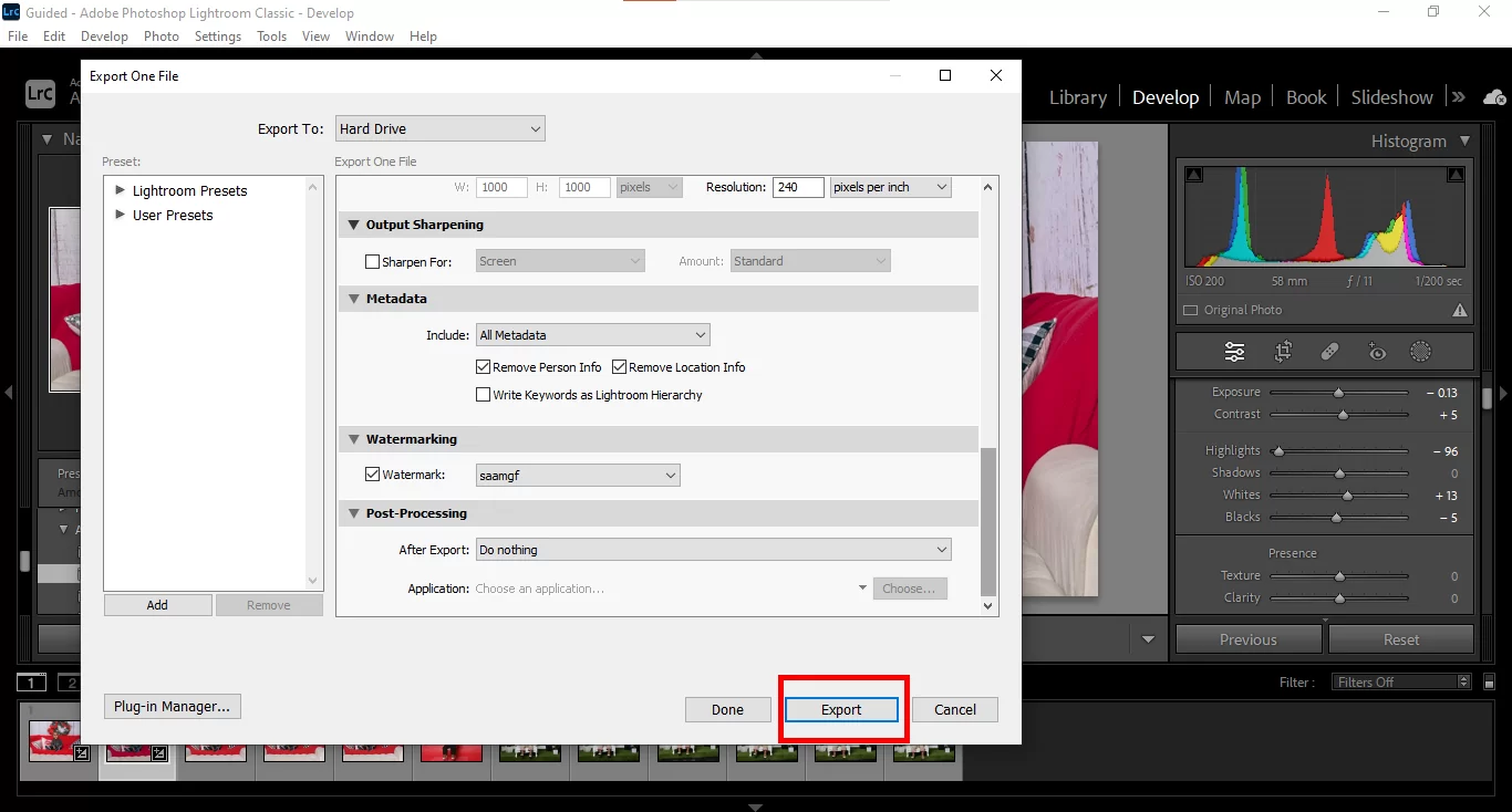 Export Watermarked Image in Lightroom