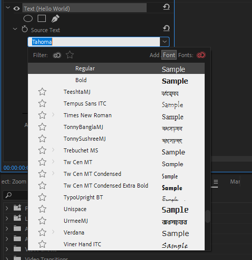 Adobe premiere pro font drop down list