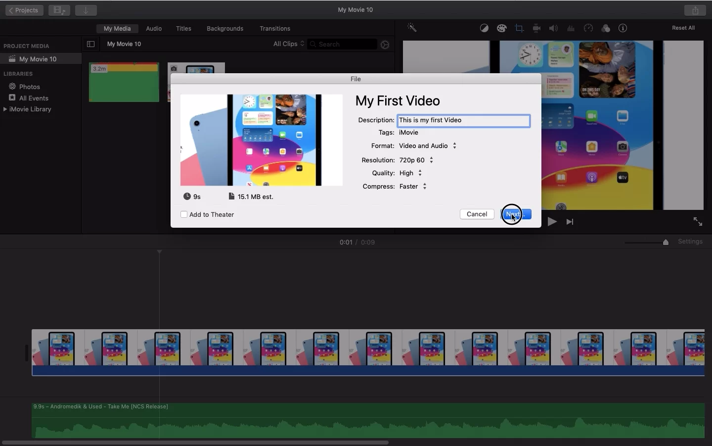 iMovie Next Button