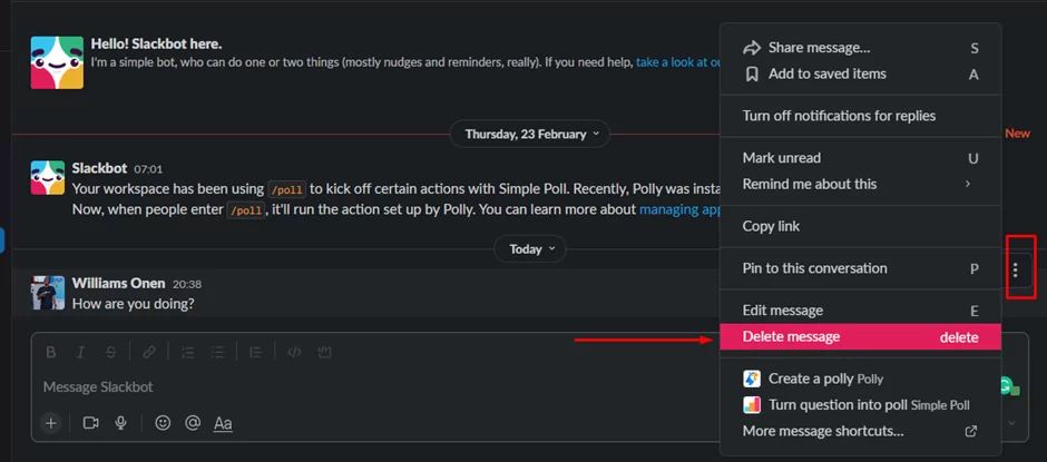 Delete message option on slack