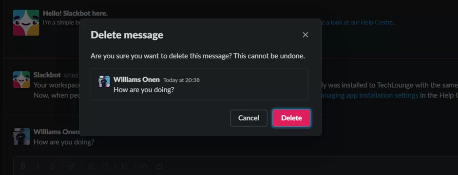 delete message confirmation popup