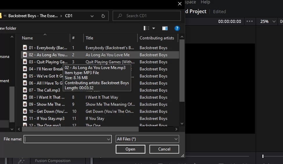 Choose an audio file to import into DaVinci resolve