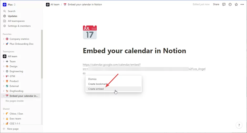 embed google calendar in Notion