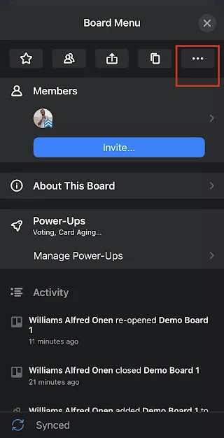 tap on the three-dot icon to access the board settings